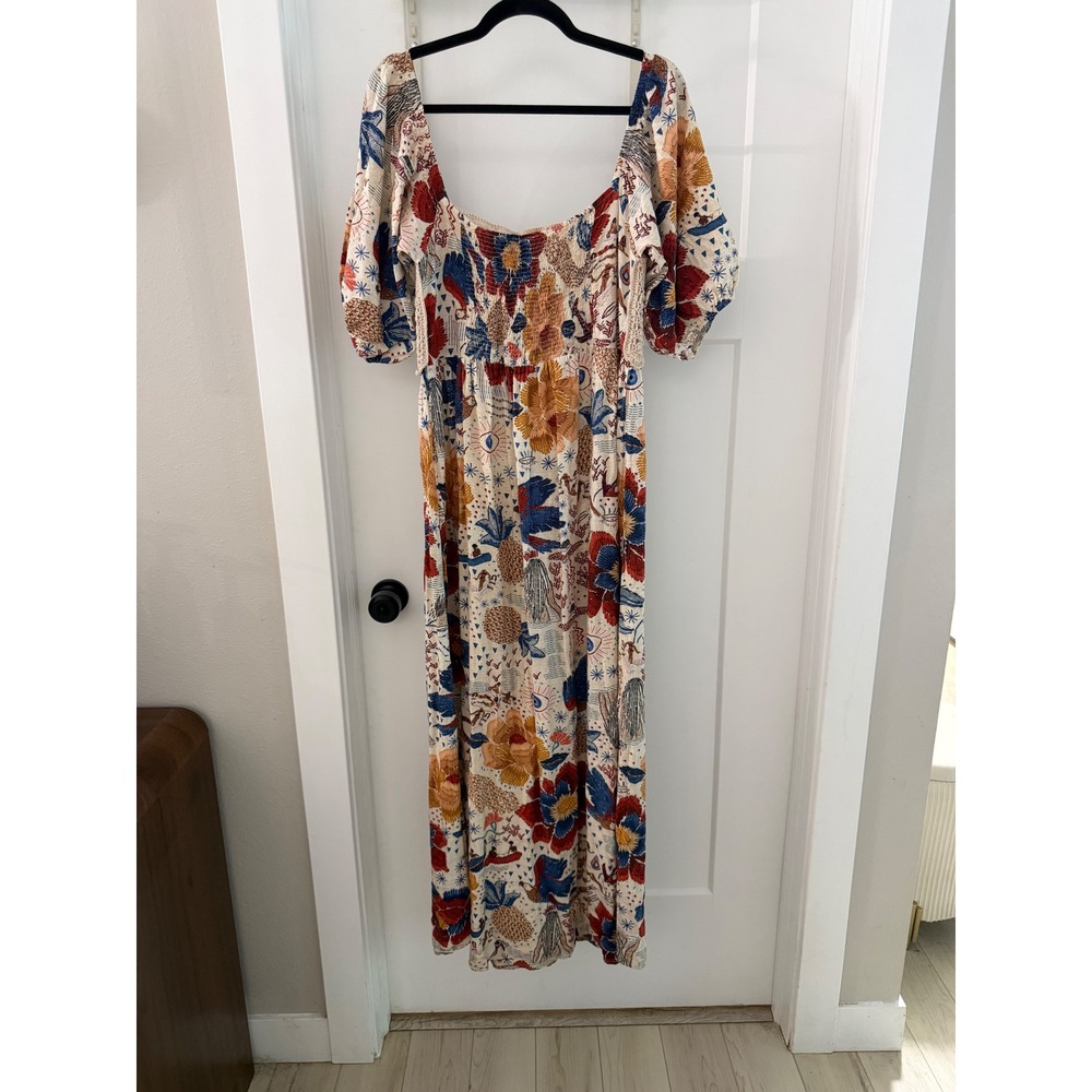 Farm Rio Crochet Bodice Tropical Print Puff Sleeve Maxi Dress Boho Colorful M - Picture 4 of 7